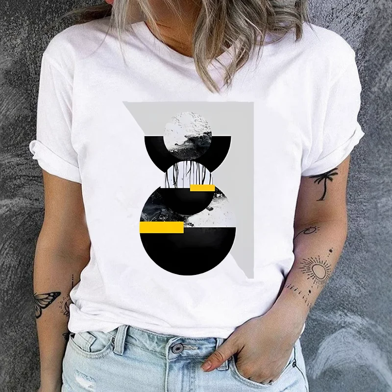 Fashion Color Geometry with Retro Cute Women's Casual Short-sleeved T-shirt Graphic T Shirts  Tops Summer polyester fabric