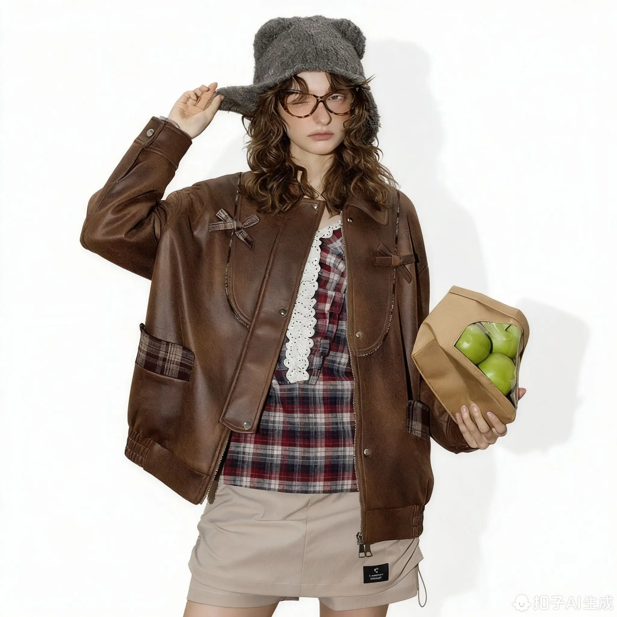 Veste courte en cuir pour femme, Vintage, Style Y2K, coupe ample, Plaid, Patchwork, Design rétro, surdimensionné, vêtements d'extérieur d'automne, nouvel arrivage