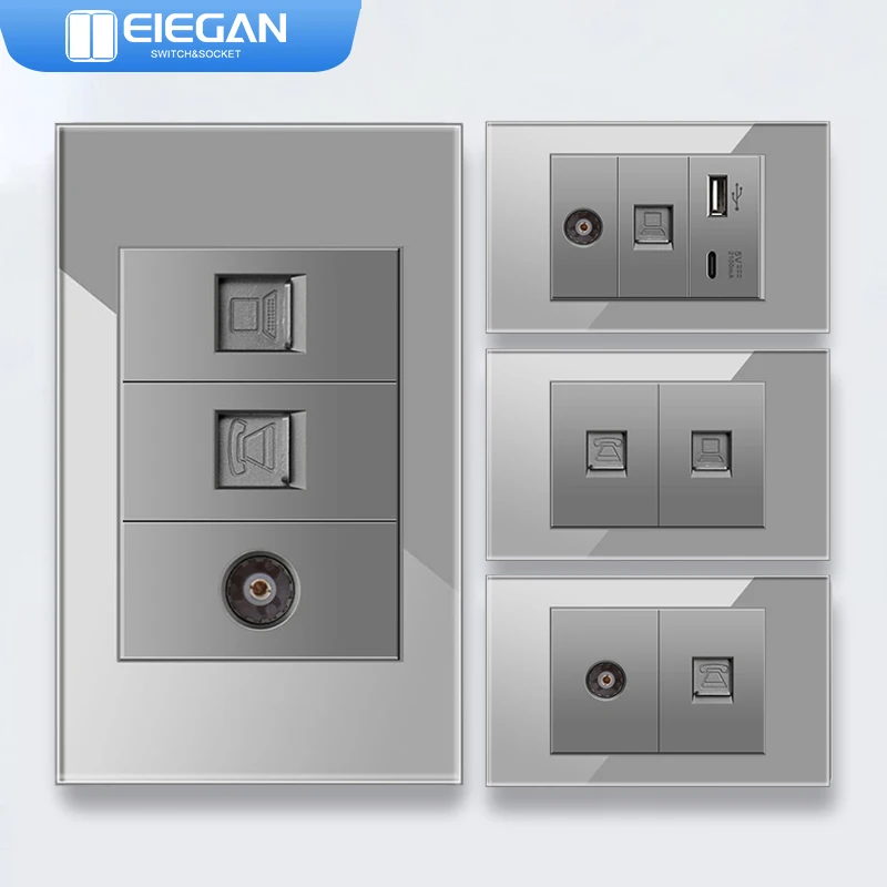 ELEGAN Grey 118mm Tempered Glass panel Swiss-Brazil standard series 118mm*74mm wall computer phone TV combination socket switch