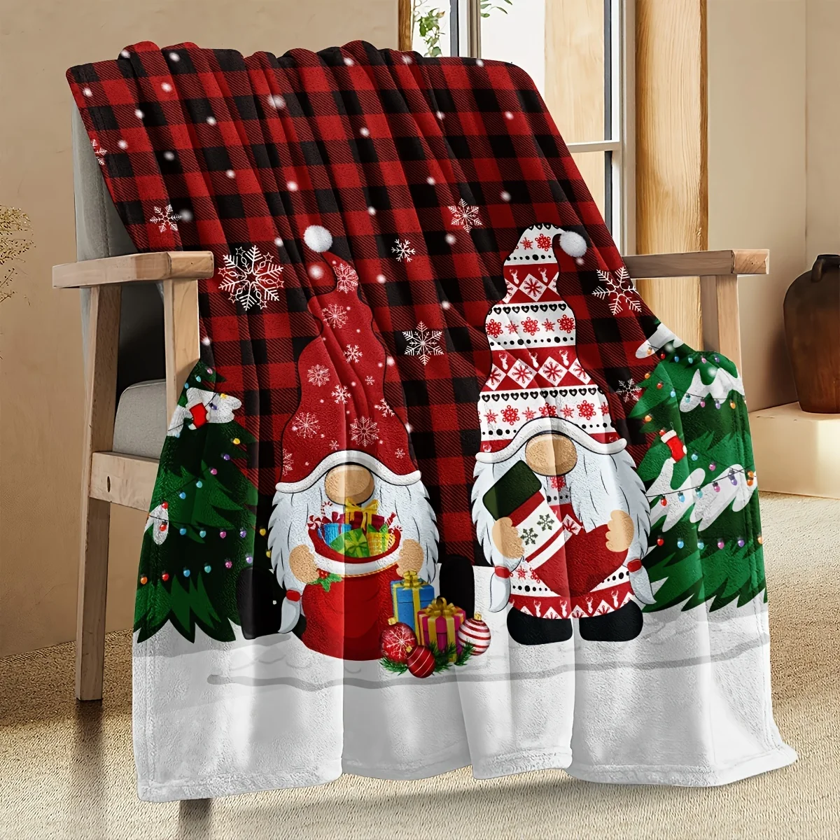 

Santa&Snowman Pattern Blanket Cozy Christmas Flannel Blanket For Sofa Bed Office & Travel Machine Washable Four Seasons Comfort