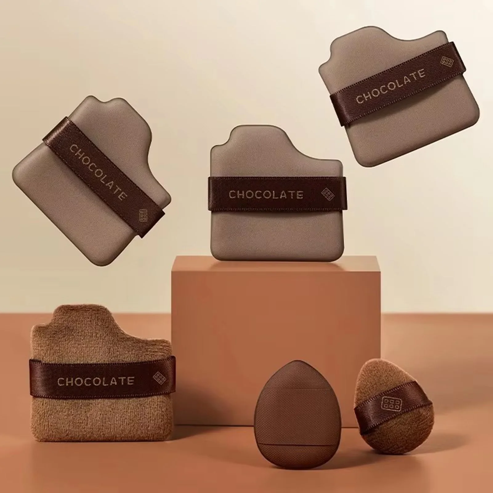 Juego de 6 esponjas de Chocolate, juego de maquillaje multifuncional, cojín de aire suave y húmedo, herramientas cosméticas de diseño de terciopelo