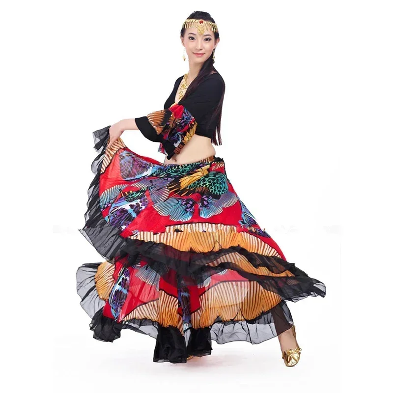 Fato de Dança do Ventre para Dança do Ventre Grande Flor de Balanço Saia Cigana Estampada Borboleta Roupas Tribais, Roupas Flamenco 720 Graus