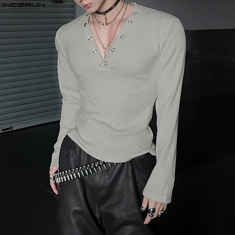 INCERUN الرجال تي شيرت بلون الخامس الرقبة طويلة الأكمام عادية الذكور المحملة القمم الشارع الشهير محبوك موضة الترفيه الرجال الملابس S-3XL