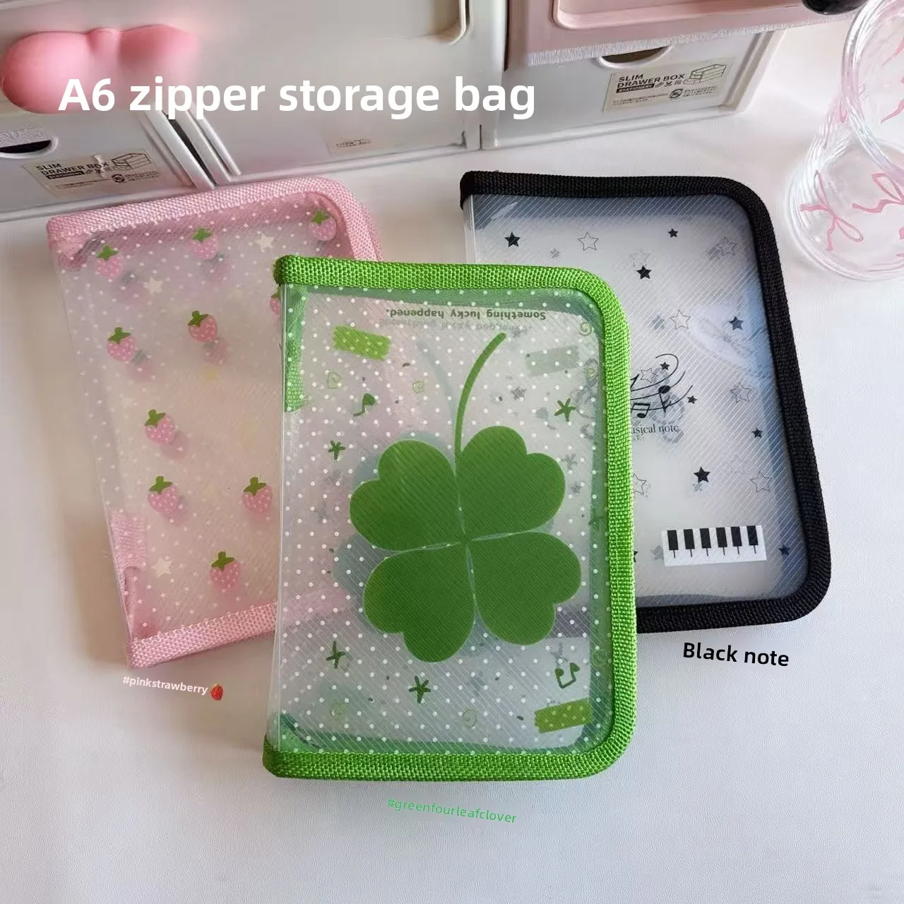 Pink Green Portable A6 Twill Transparent Storage Bag Small Card Sticker Journal Material Storage Bag Stationery