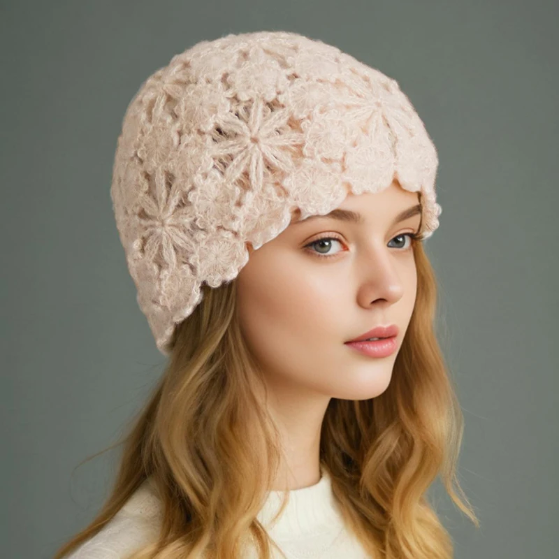 

2025 Breathable Hollowed Out Crochet Knit Woolen Beanie Hat Floral Autumn Winter Skullies Hats Casual Bonnet Cap for Women