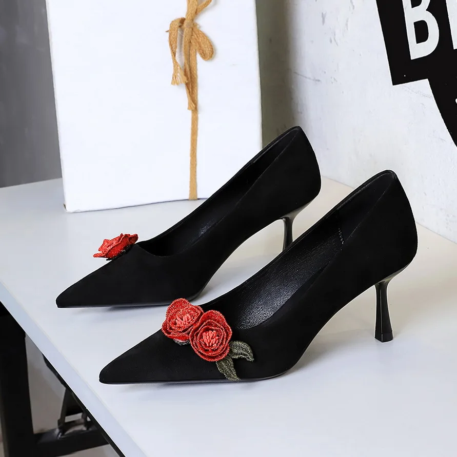 

High Heel Shoes Women Luxury Pumps Flower Pointed Toe Heels Fashion Slip on Slides Fashion Shallow Stiletto Black Wine red Camel