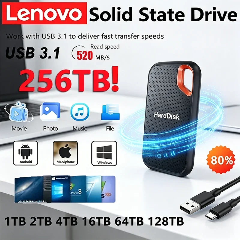 

Внешний жесткий диск Lenovo SSD 256 ТБ E60 2 ТБ 8 ТБ 128 ТБ USB 3.1 для ноутбуков, PS5 и мобильных устройств