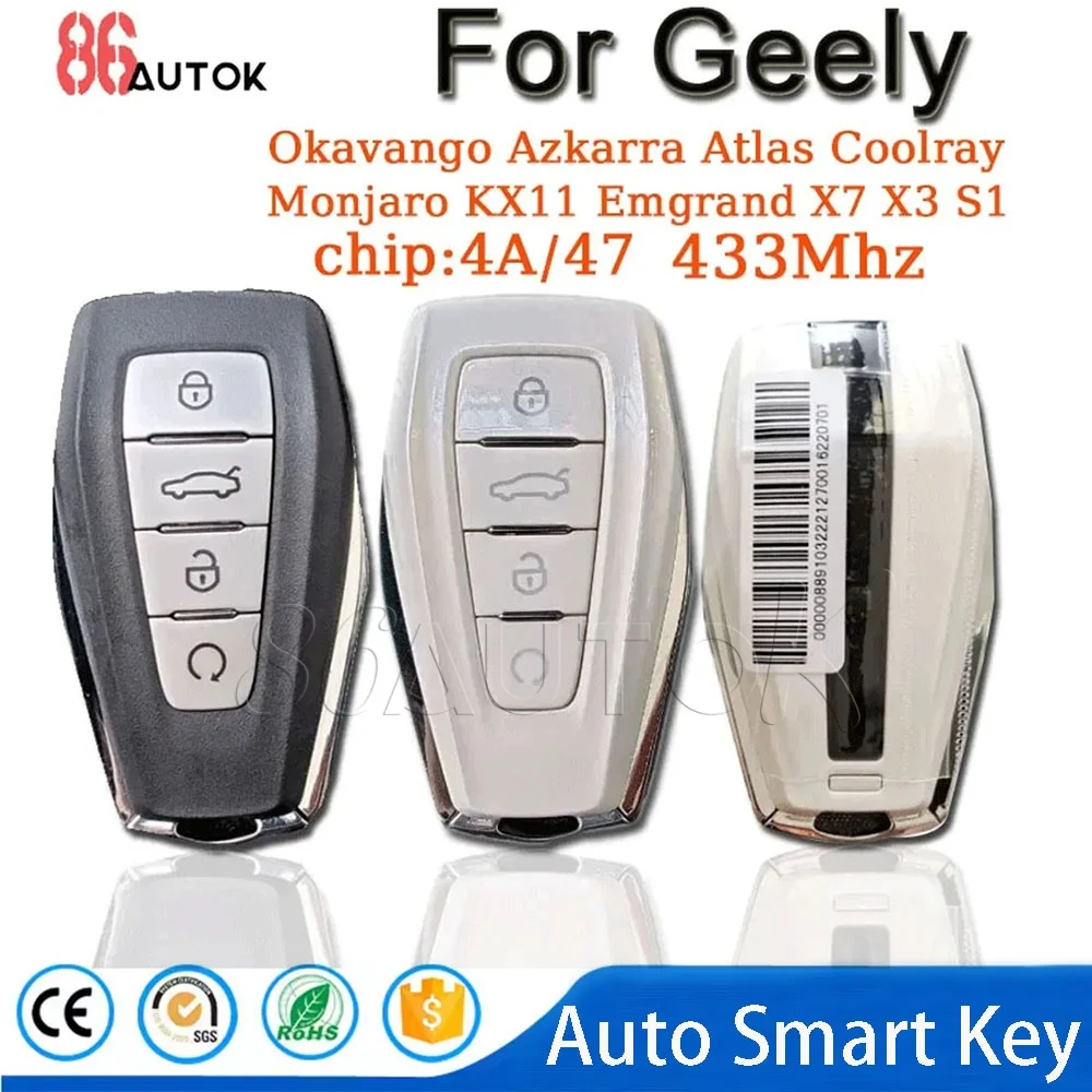 

Keyless Car Remote Key 433Mhz 4A/47 Chip For Geely Coolray Monjaro Okavango Azkarra Atlas KX11 Emgrand X7 X3 S1 Auto Smart Key