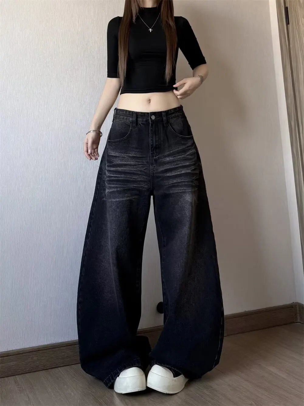 Koreańskie jeansy vintage z wysokim stanem, damskie, wyszczuplające, o kroju łezki, luźne, proste, z rozszerzanymi nogawkami, czarne, szare, szerokie spodnie dżinsowe, nowe.