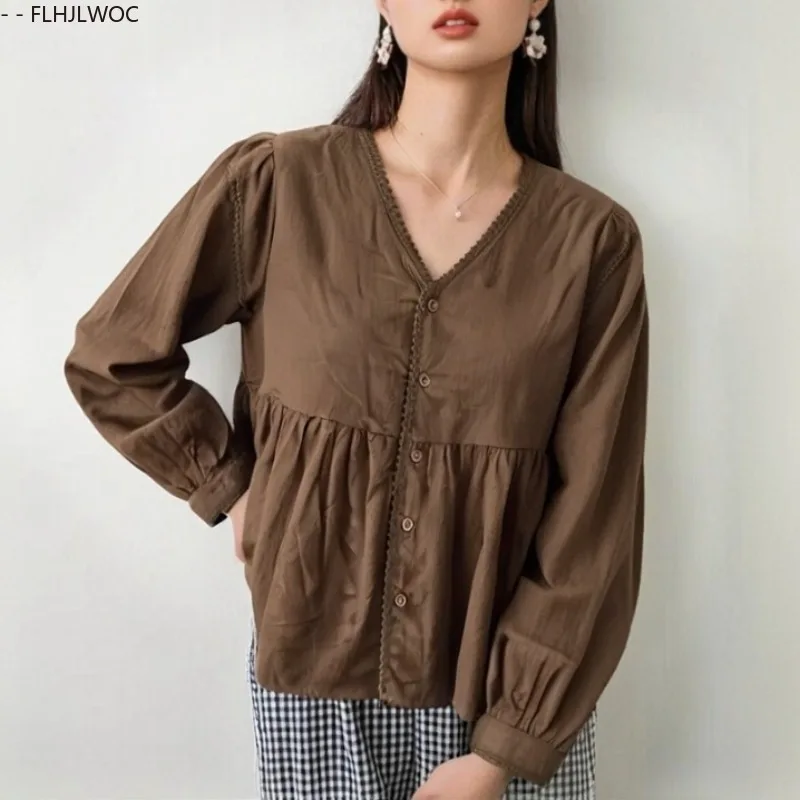 

Cotton Peplum Tops Blouses 2025 Autumn Basic Button Shirts Cute Japan Preppy Style Japan Korea Chic Vintage Brown Women Lace Top