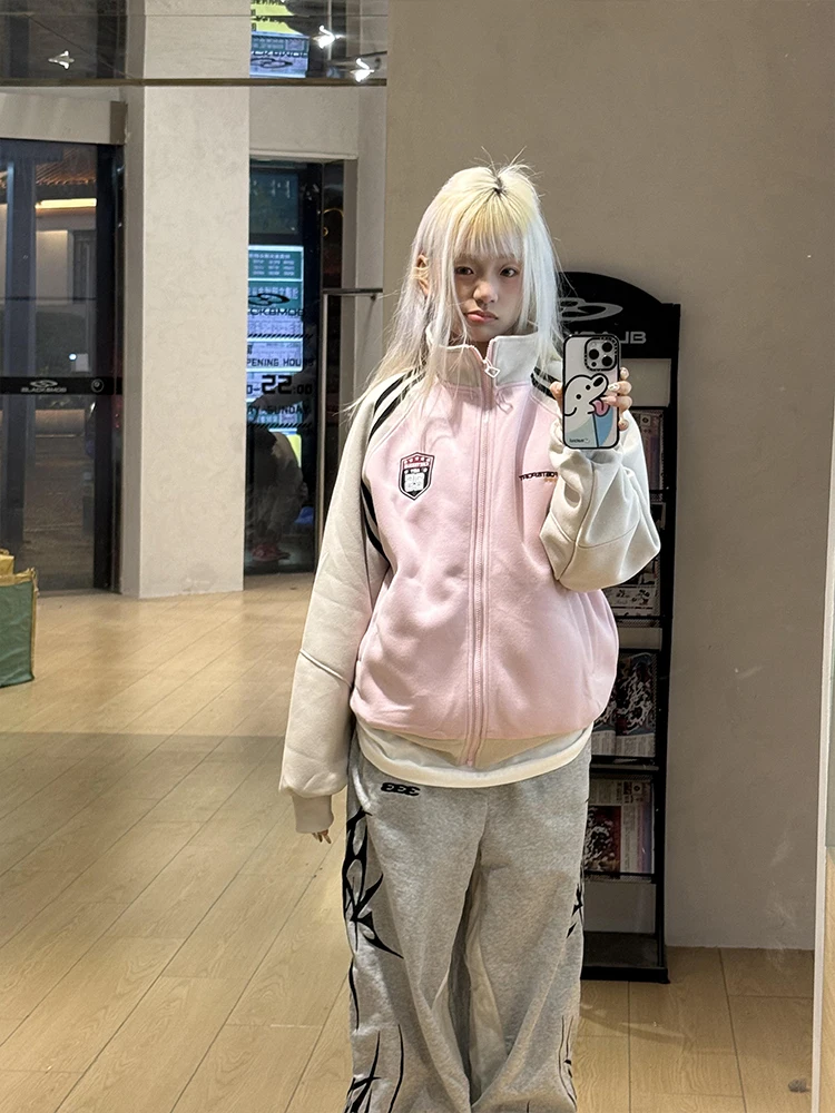 Retro American Sweet Cool Color Blo oulder Insertion Stand Collar Sweatirt Jaet Women's Autumn Design Unique Open Car...