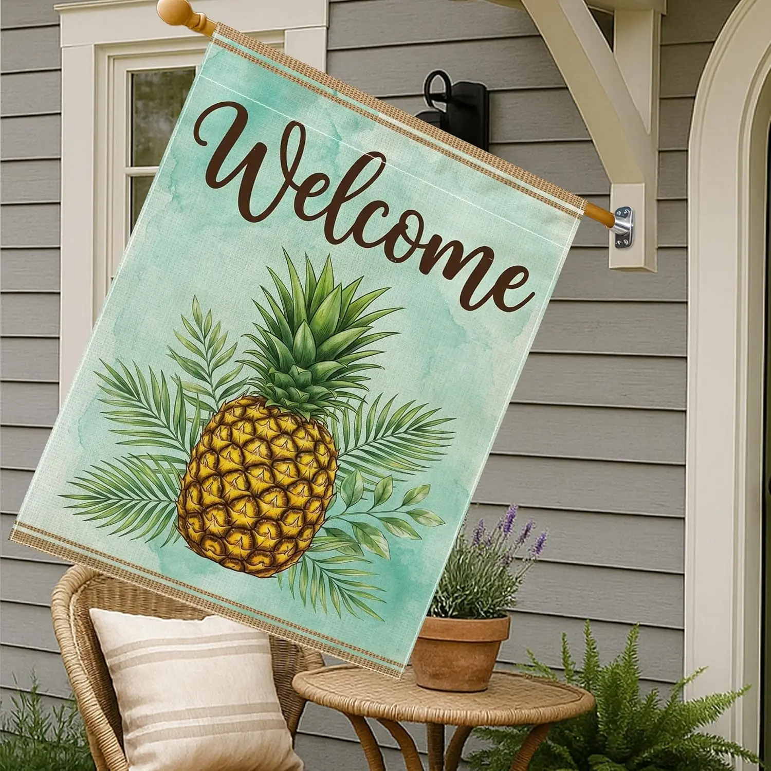 Pineapple House Flag, Tropical Modern Palm Leaves Welcome Summer Green Double Sided Burlap Outside Large Garden Flag for Out MMZ