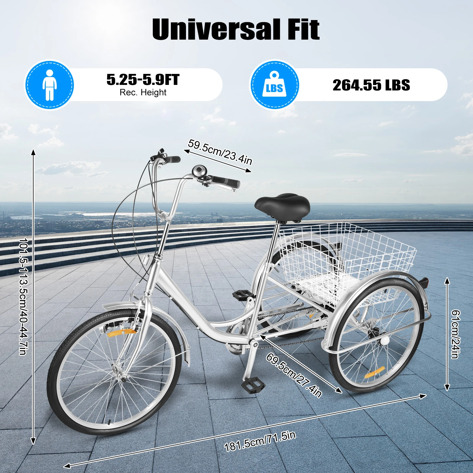 24 Inch 6 Speed Multicolor Tricycle with Light Three Wheel Bike Adult Tricycle  Shopping Tricycle with V-type Front Brake