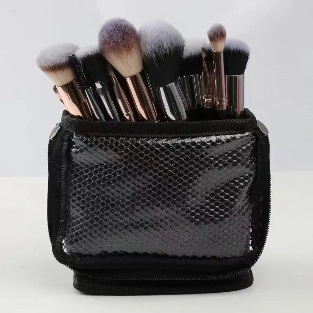 

Transparent Makeup Tools Holder Foldable Large Capacity Mesh Makeup Brush Case Zipper Solid Color Handheld Makeup Pouch Outdoor