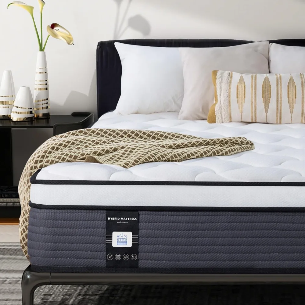 

King Mattress, 10 Inch Pillow Top Mattress in a Box, Medium Firm Fiberglass-Free, Soft Breathable Pressure Relief Memory Foam Hy