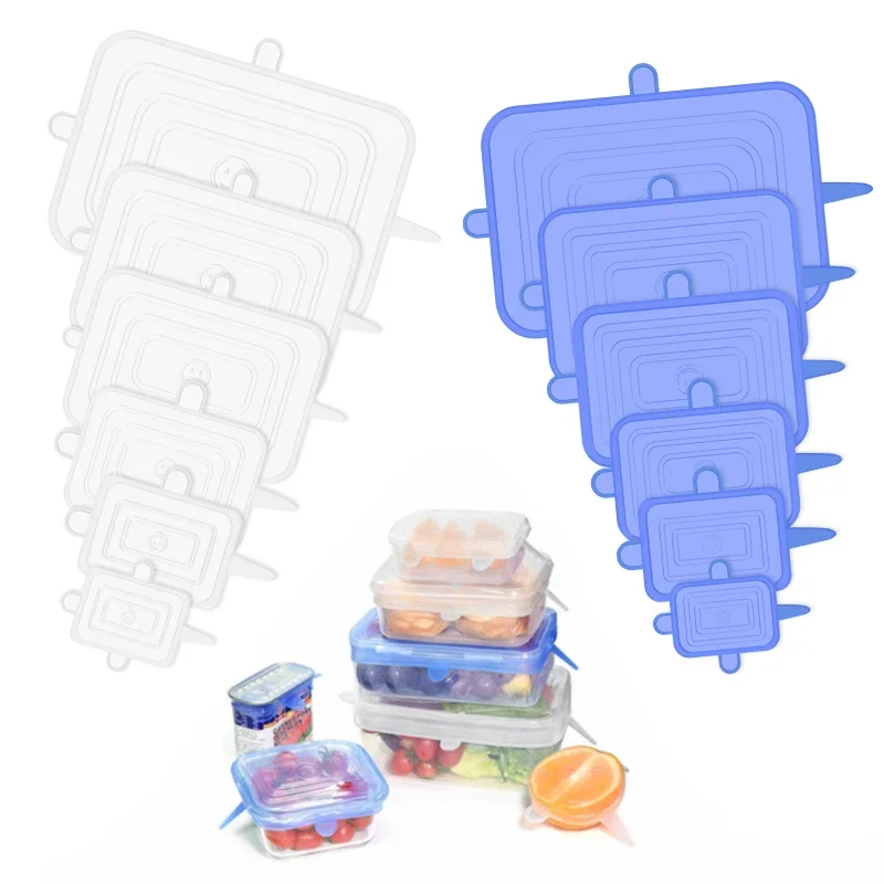 6PCS Square Silicone Stretch Lid Kitchen Tool Accessories Reusable Food Packaging Sealed Lid Keeps Fresh Elastic Bowl Lid