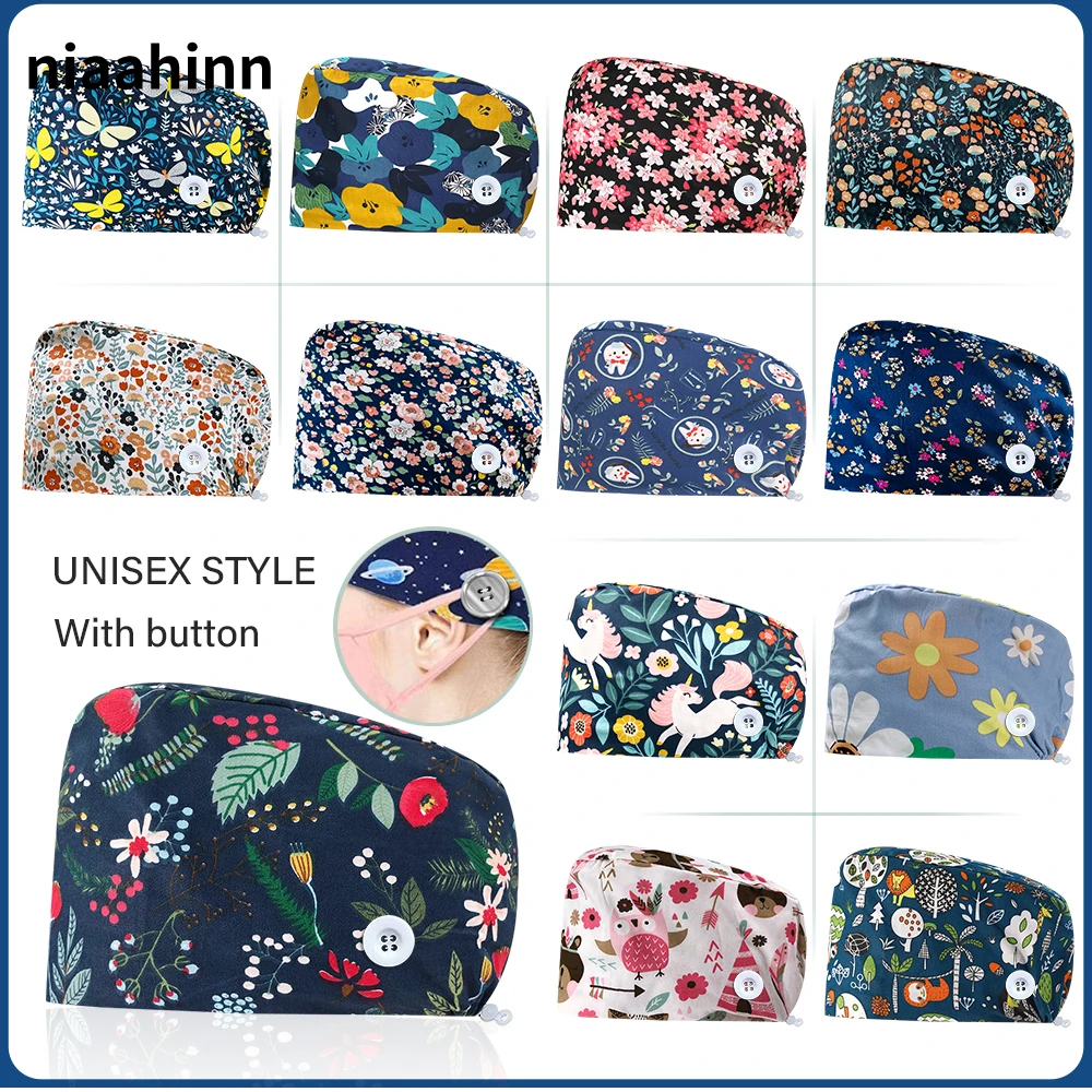 Cotton Flower Printing Doctor Hats Adjustable Scrub Hat Beauty Salon Work Cap Laboratory Pet Shop Nursing Scrub Cap with Buttons