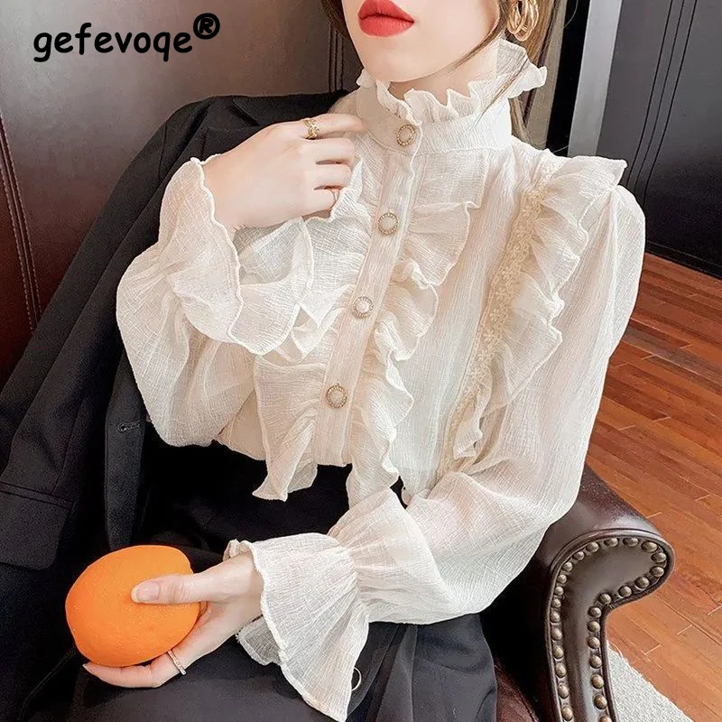 Women French Style Vintage Ruffles Lace Design Button Up Shirt Elegant Chic Solid Blouse Long Sleeve Slim Tops Blusas Mujer 2024