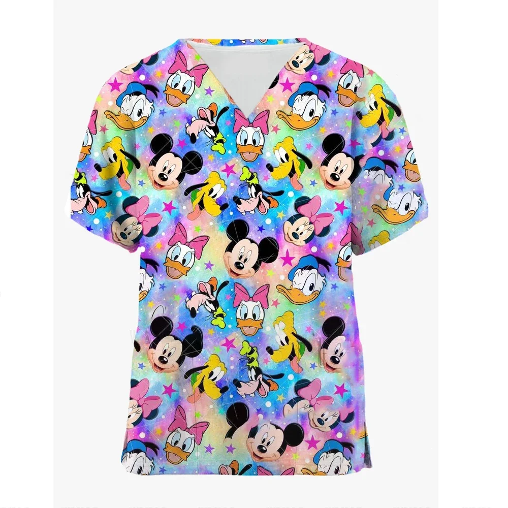 Disney Mickey Mouse Print Peeling Tops Frauen Kurzarm V-Ausschnitt Tops Krankens ch wester Uniform Cartoon Print Arbeits bluse Damen Uniform