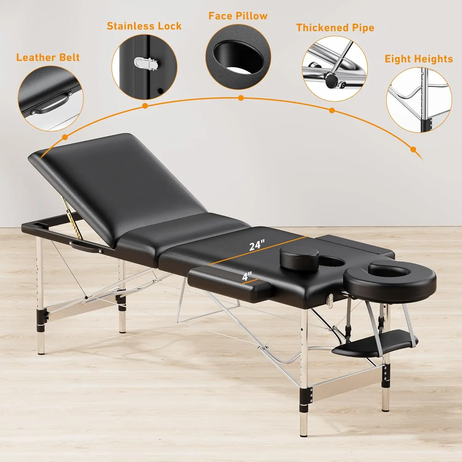 Massagetafel Draagbaar 84 "Lang 24" Breed Professioneel 3 Secties Liggend Massagebed Wimperbed (Zwart)