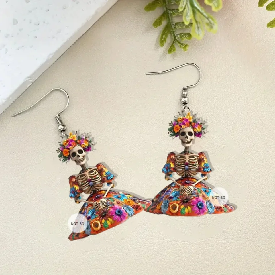 Cute Cartoon Funny 2D Dopamine Colored Flowery Dress Monster Dangle Earrings for Women Men Halloween Christmas Jewelry