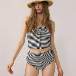 New Two Pieces Set Swimsuit Women White Black Striped Swimwear Sexy Tank Top Bikini High Waist Beach Wear Bathing Suit Korean
