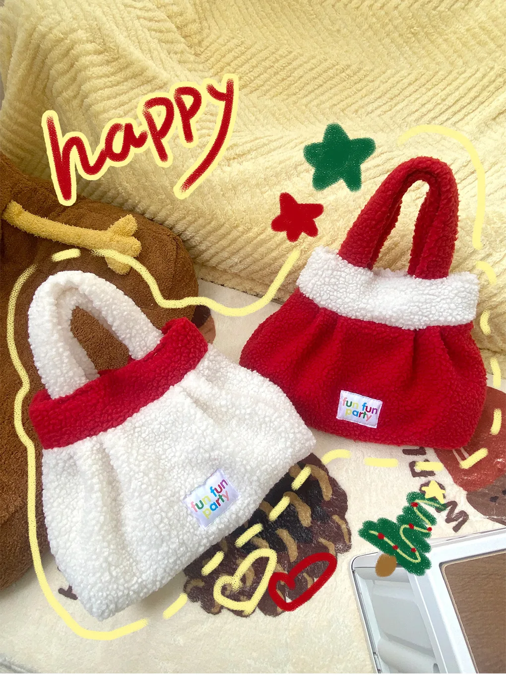 Cute Plush Handbag for Christmas New Year, Lucky Bag, Big Red Lamb Hair, Parent Child Bag, Autumn and Winter Collection