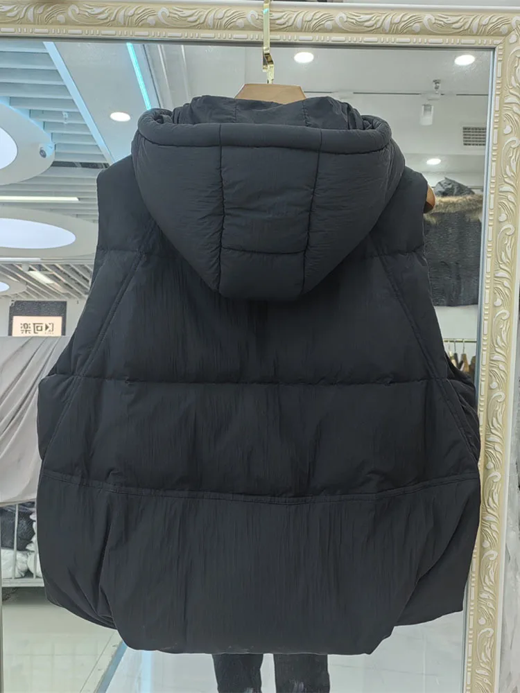 Women White Duck Down Sleeveless Jacket with Hood Casual Over Size Autumn Winter Warm Loose Thick Fashionable Vest New