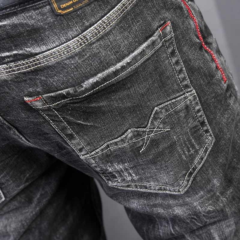 Street Designer Fashion Men Jeans Retro Black Gray Stretch Slim Fit Ripped Jeans Men Embroidery Vintage Y2K Denim Pants Hombre