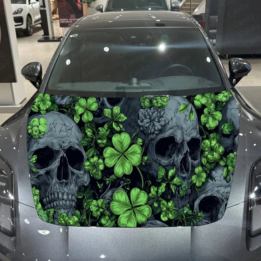 Car Decal Gothic Culture-Inspired Combination of Skulls and Green Clover Elements Car Hood Sticker, Waterproof Self - Adhesive P