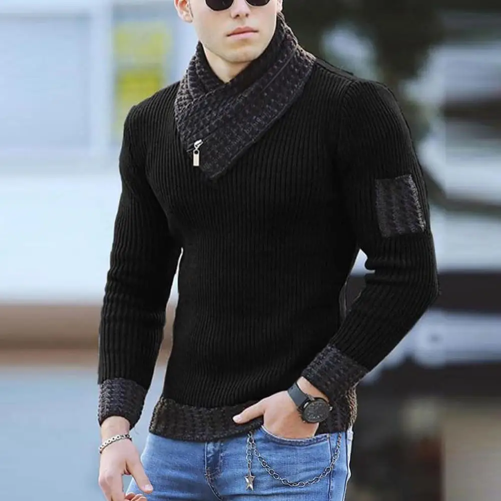 2025 MEN Knitted Sweater Long Sleeve Scarf Collar Men Sweater Color Block Slim Fit Casual Slim Fit V Neck Pullover Sweater