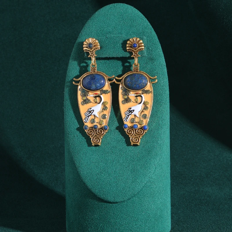 Vintage Crane Vase Relief Drop Earrings Luxury Antique Art Deco Gold Color Jewelry Brand High Quality Gift Anniversary For Women