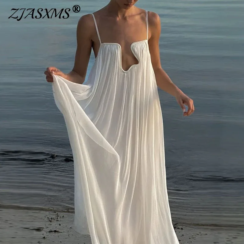 Damenkleider 2026 Frühling U-Ausschnitt Metalldekor Hohldesign Boho Partykleid Sommer Rückenfreies Einfarbiges Loses Trägerkleid Langes Maxikleid Vestido