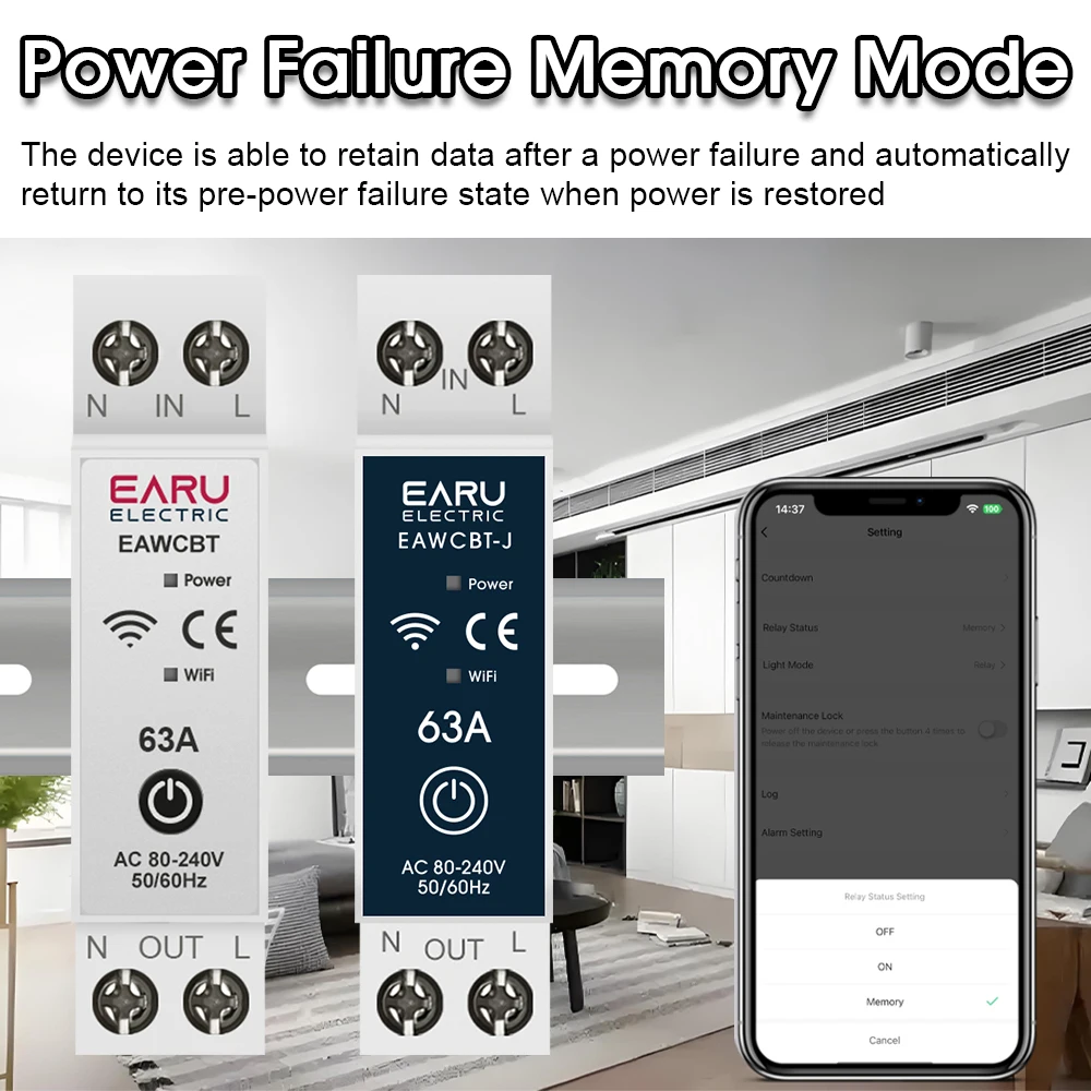 EARU Tuya MCB WiFi Intelligenter Schutzschalter 6-63A Zeitrelais Energie-KWh-Spannungs-Strommessgerät Schutzschalter Sprachfernbedienungsschalter – Detail 5
