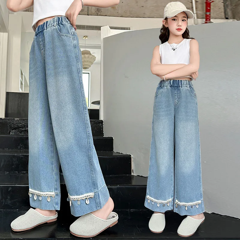 

New Autumn Kids Children Vintage Bohemian Jeans for Teenage Girl Casual Loose Straight Denim Pants Age 5 6 7 8 9 10 11 12 13 14Y