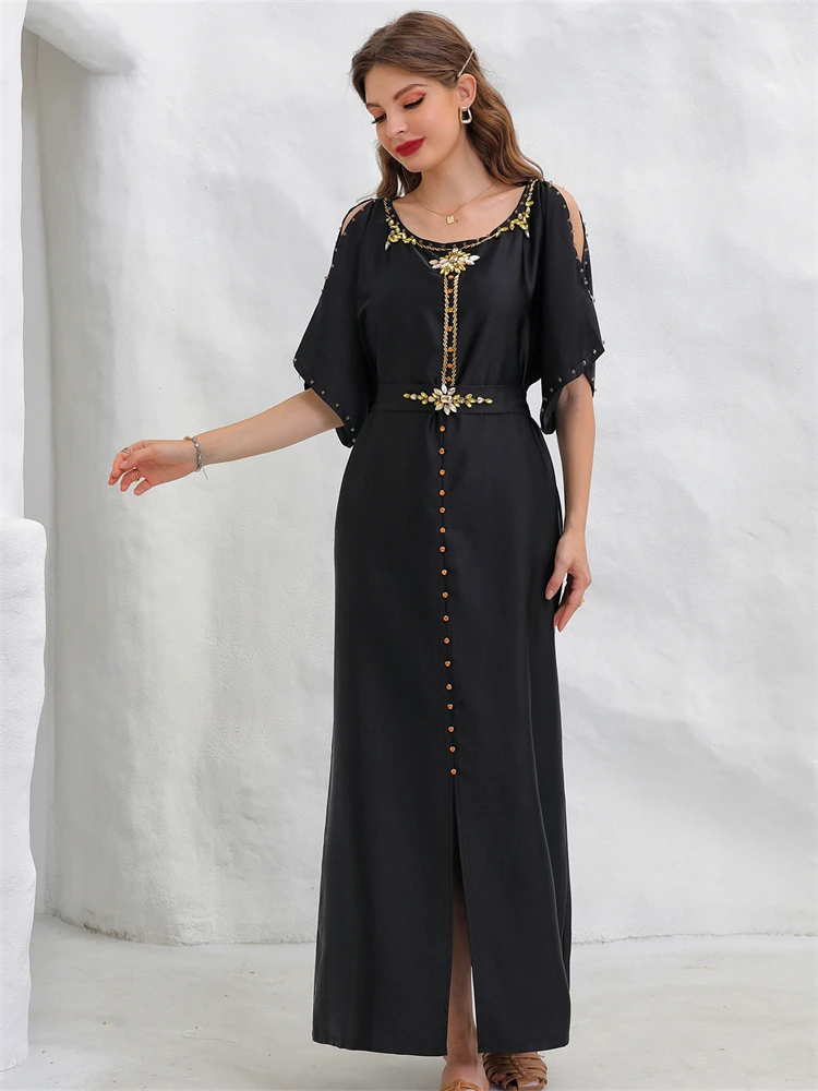 Ramadan Eid Black Satin Abaya Dubai Turkey Islam Muslim Dress Kaftan Abayas African Dresses For Women Caftan Robe Femme Musulman