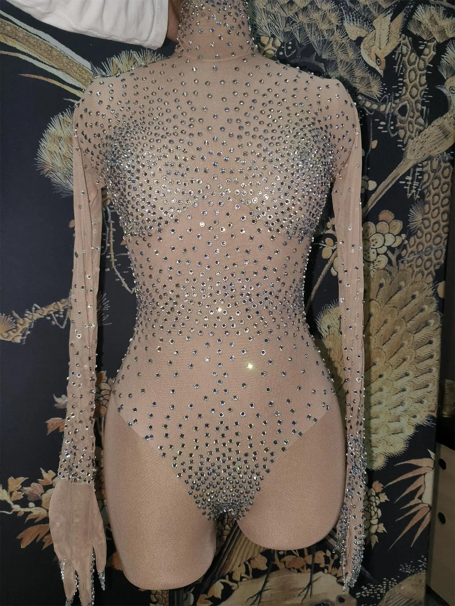 Silver Clear Mesh Golves Bodysuit Rhinestones Birthday Dress Sexy Transparent Costume Evening Celebrate Stretch Outfit Liangjia