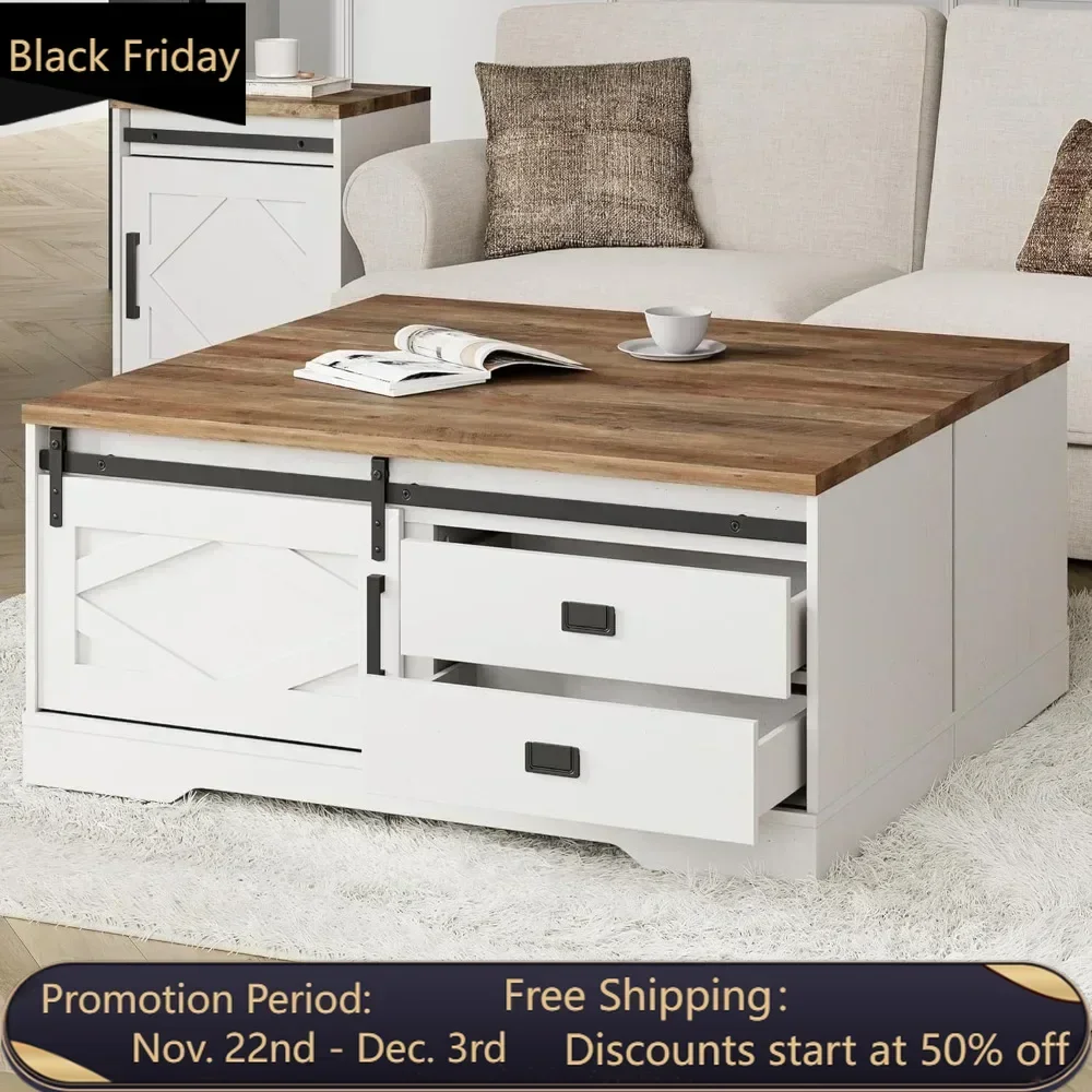 Rectangular Coffee Table with Sliding Barn Door,Rustic 2 in 1 Center Table with Hidden Storage Compartment and Drawers