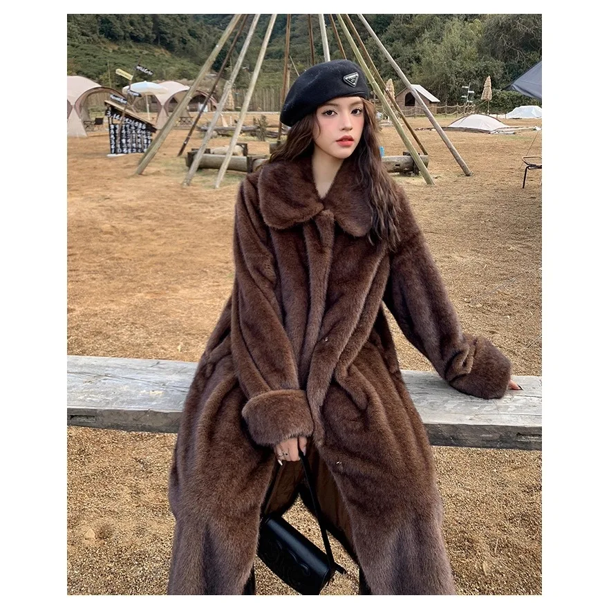 

KIDCRKJ женское зимнее пальто из норкового меха с воротником с лацканами и кнопками, женское пальто из искусственного меха, длинная женская эко-пуховая куртка с напуском