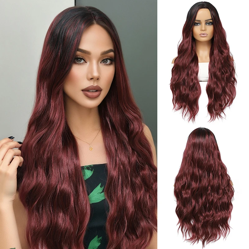 

Wine Red Gradient Long Curly Hair Synthetic Fiber Wig mid Split Head Cover Cross-Border Popular Stylish Women's Hairpiece