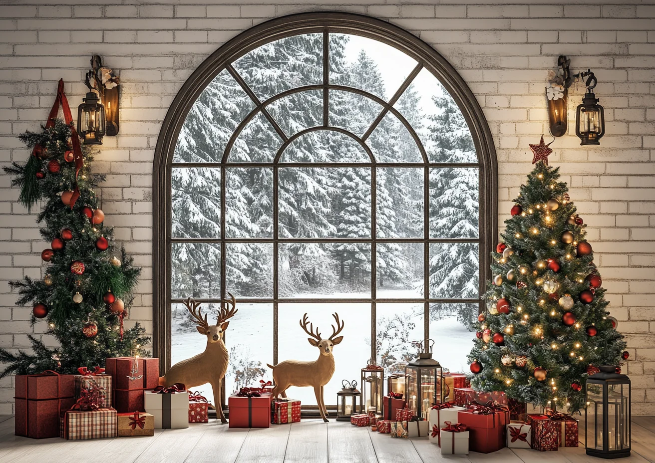 크리스마스 사진 배경 크리스마스 트리 장식 소품 화환 흰색 벽돌 벽 배경 벽난로 어린이 파티 사진 스튜디오