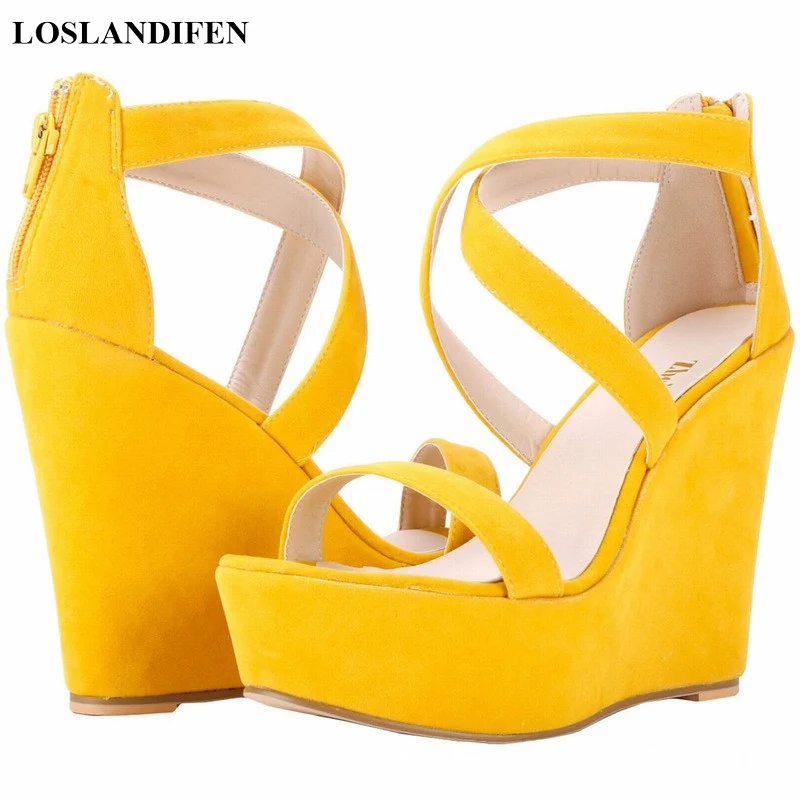 

Fashion Platform Female Wedge Sandals 2025 Open Toe Back Zipper High Heels Shoes Hollow Flock Red Yellow Women Party Dress Pumps