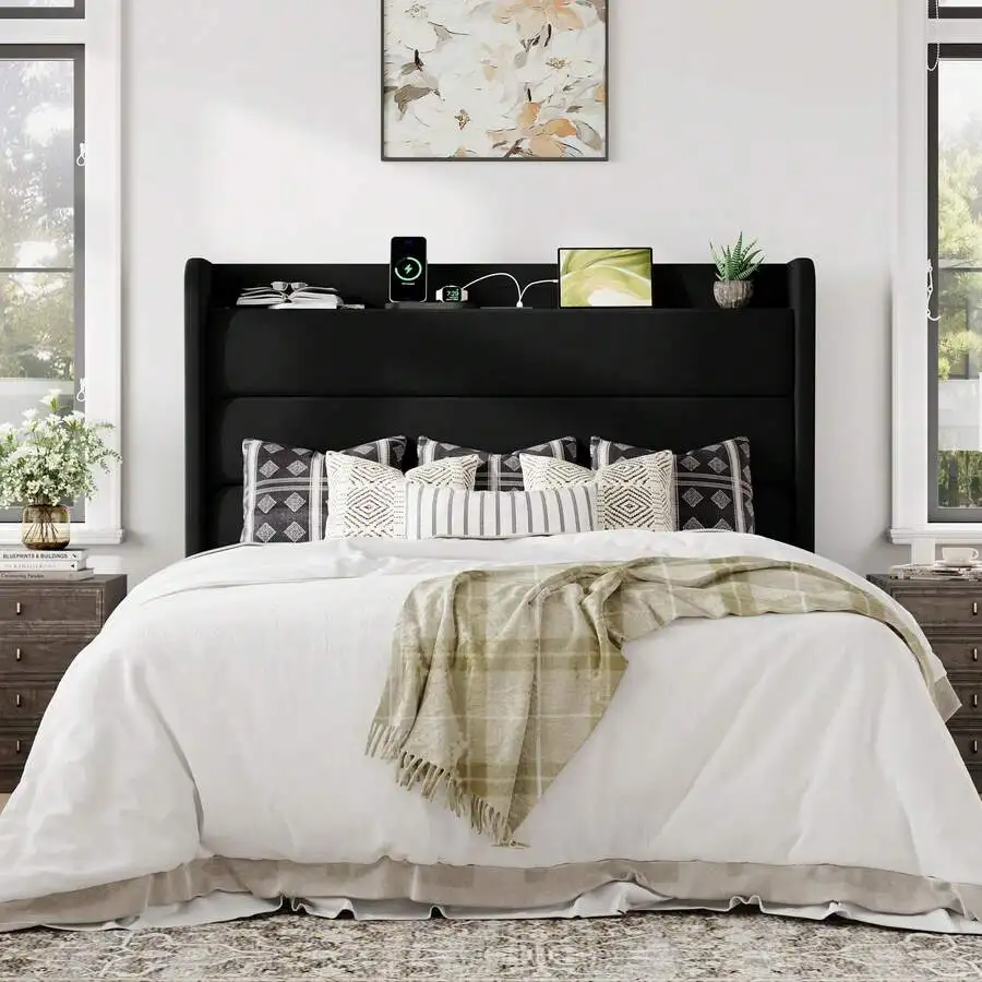 Full/Queen/King Size Upholstered Bed Frame With Charging Station & Storage Headboard, Soft Velvet Wingback Platform Bed, Strong Wooden Slats Support, No Box Spring Needed, Easy Assembly, Black