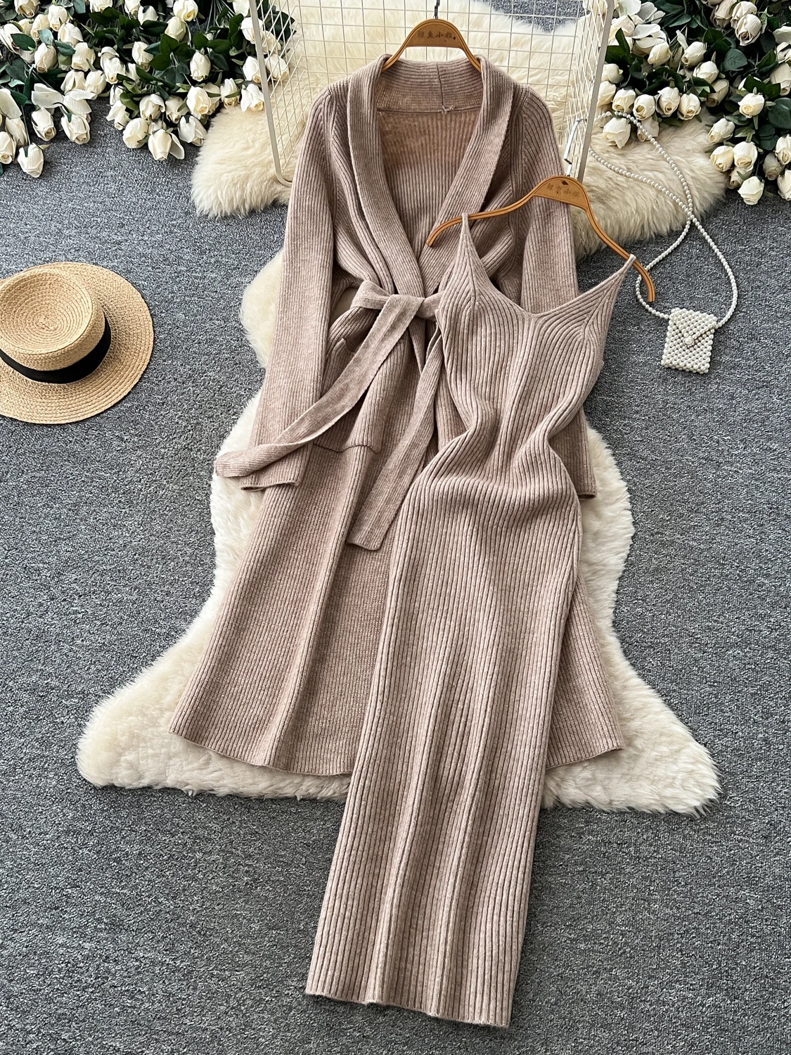 Ladies Knitted Open Cardigan Dress Set Waist Cinched Slimming Belted Outerwear Sweater Layering Two-Piece Set Lazy Style