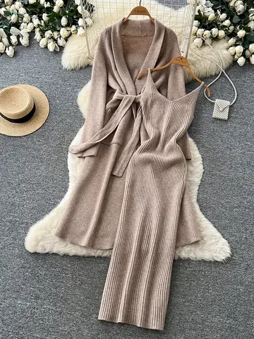 Ladies Knitted Open Cardigan Dress Set Waist Cinched Slimming Belted Outerwear Sweater Layering Two-Piece Set Lazy Style