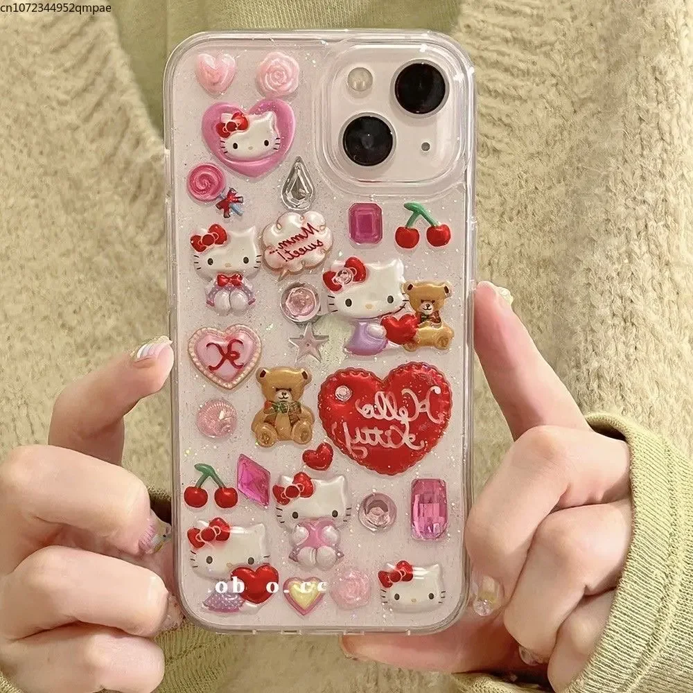 3D Sanrio Hello Kitty Sticker Glitter Phone Case for IPhone 16 11 12 13 14 15 Pro Max Y2k Girl Anti-drop Soft Back Cover Gift