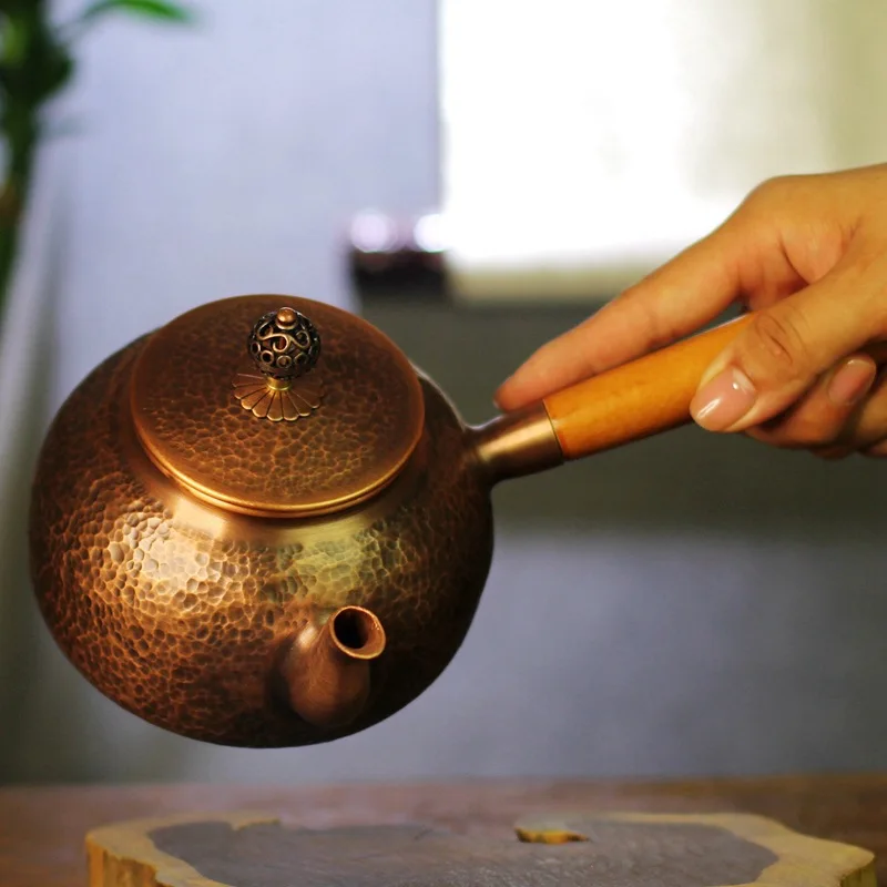 Side handle hammer pot pulp antique Chinese hammer mesh pattern Japanese urgent beard copper teapot beech handle Chinese wide
