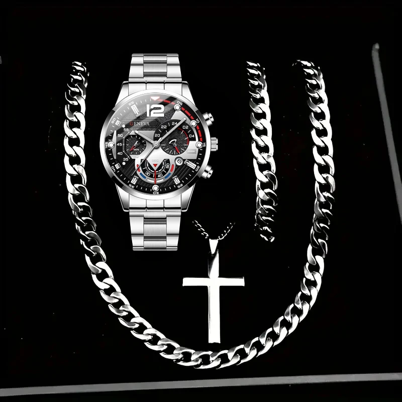 4pcs Business Watch Men's Fashion Quartz Watch with Necklace and Bracelet Set Suitable for Daily Wear and Holiday Gifts