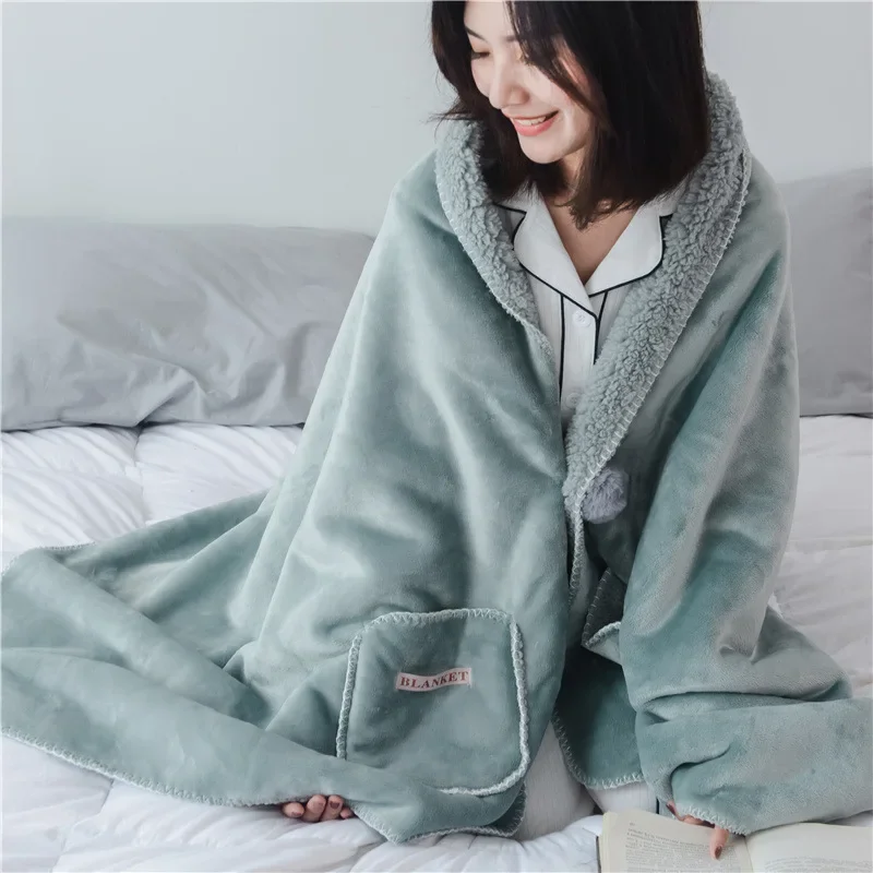 

Super Soft Winter Warm TV Pocket Hooded Blankets Sofa Cozy Lazy Blanket Sweatshirt Solid Plush Coral Fleece Blankets Outwears