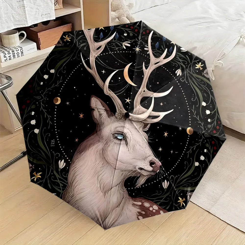 1PC Mystical Deer Design Umbrella with Celestial Elements Print 8 Iron Ribs Folding Umbrella Auto-Open Fashion Sunshade